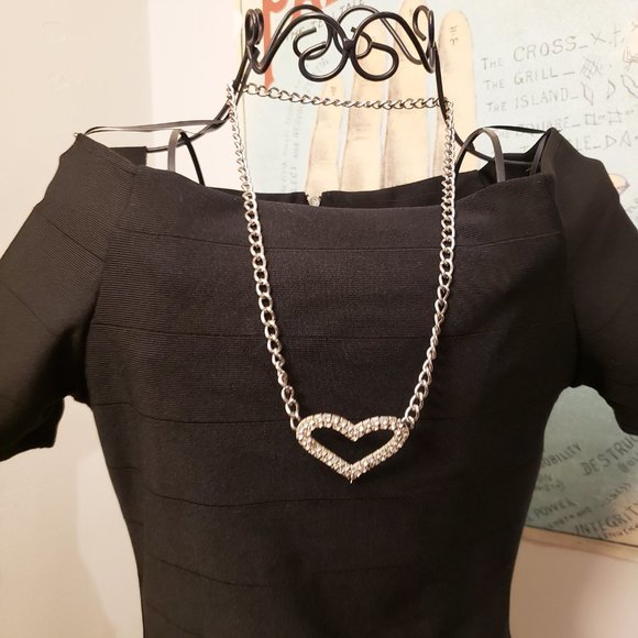 SOLD Statement Heart Rhinestone Open Pendant Silvertone Necklace - Picture 7 of 7